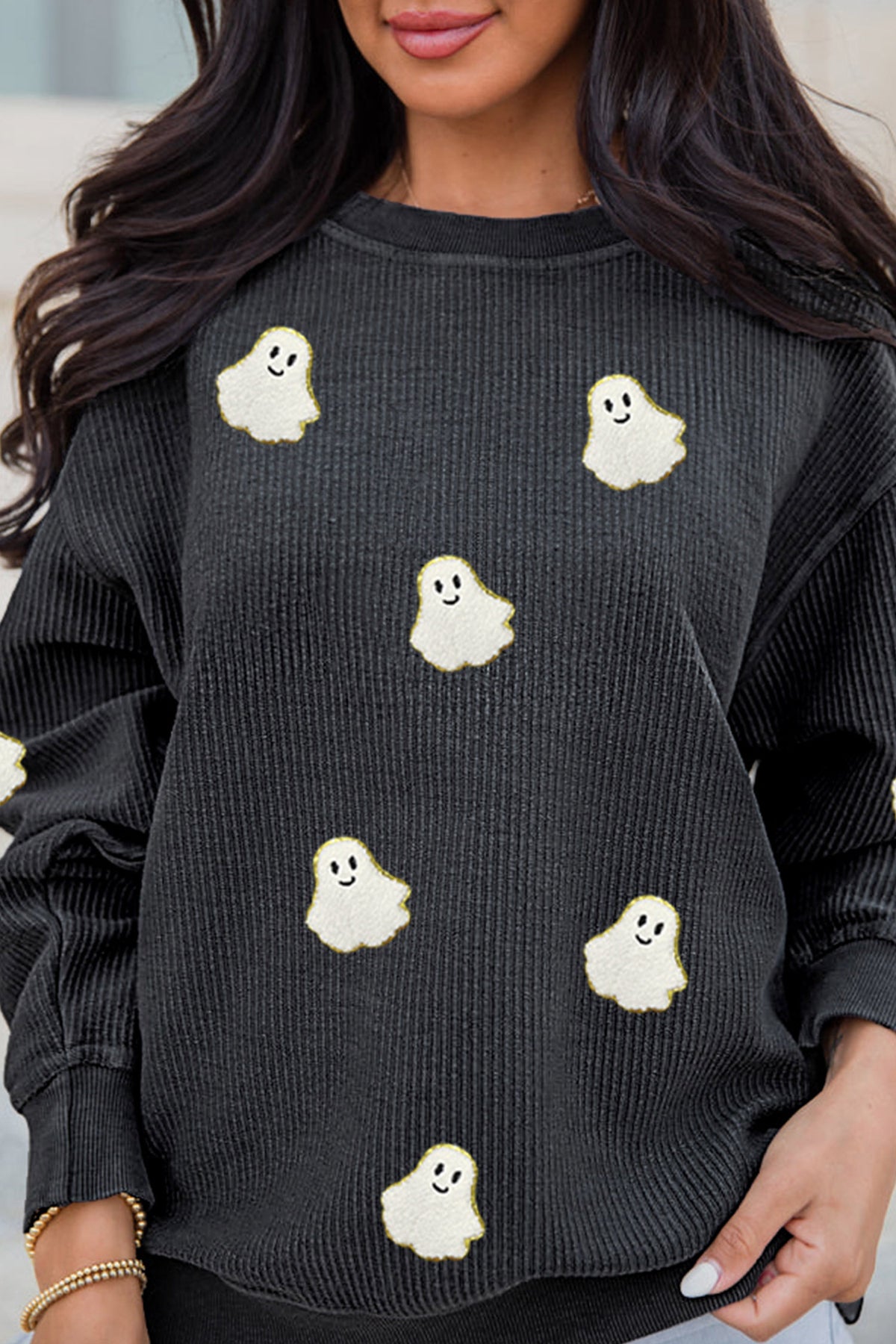 Black Oversized Ghost Halloween Corded Sweatshirt - KaleaBoutique.com