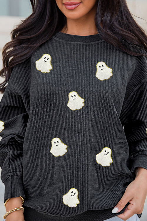 Black Oversized Ghost Halloween Corded Sweatshirt - KaleaBoutique.com
