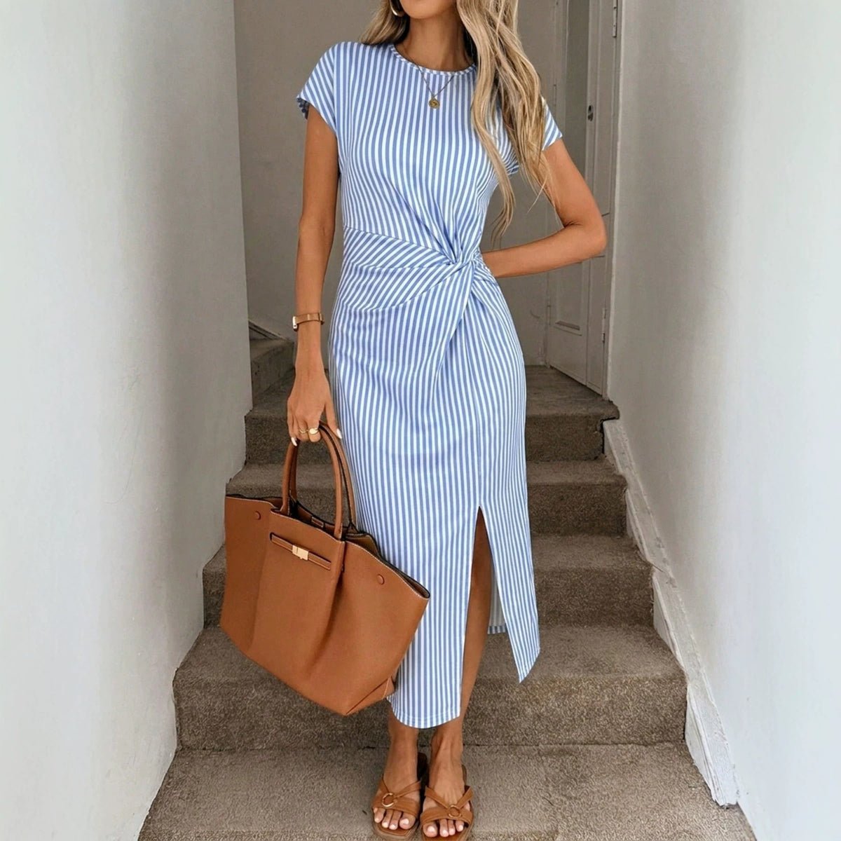 Women's Striped Short-Sleeve Twist-Waist Slit Midi Dress - KaleaBoutique.com