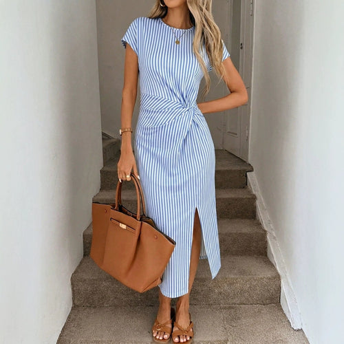 Women's Striped Short-Sleeve Twist-Waist Slit Midi Dress - KaleaBoutique.com
