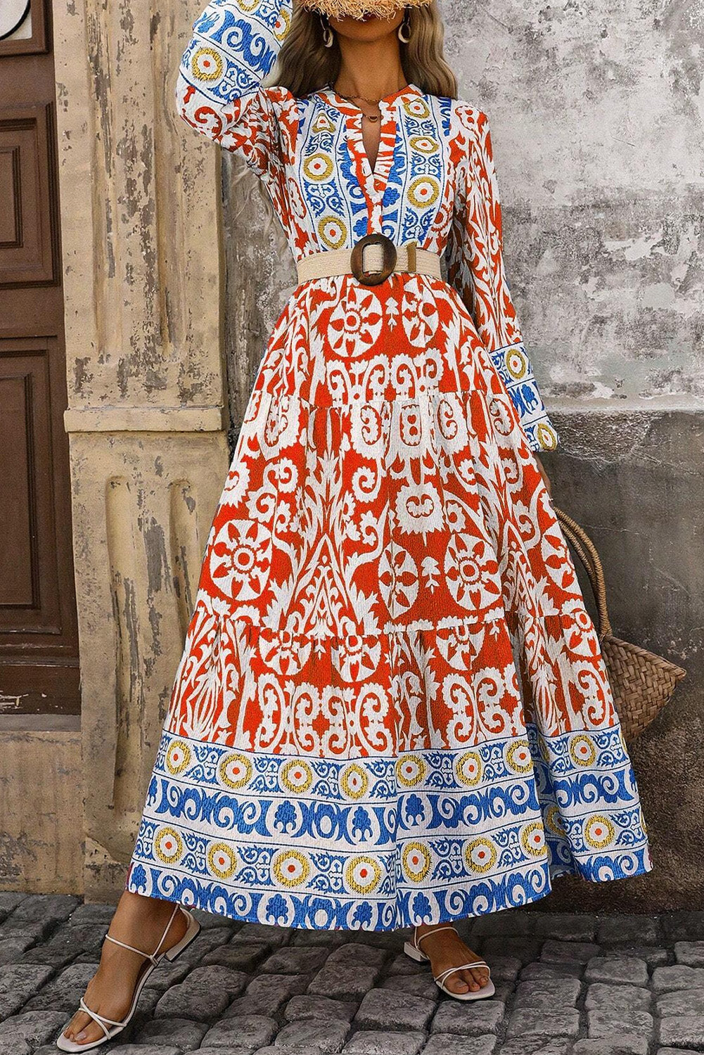 Boho Geometric Printed Long Sleeve Maxi Dress - KaleaBoutique.com