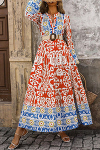 Boho Geometric Printed Long Sleeve Maxi Dress - KaleaBoutique.com