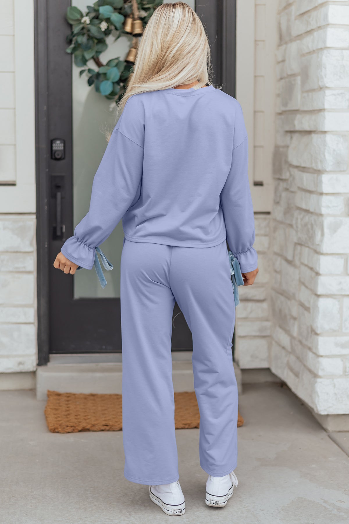 KaleaBoutique Comfortable Flounce Long Sleeve Top Drawstring Pants Contrast Velvet Bow Knot 2pcs Lounge Set - KaleaBoutique.com