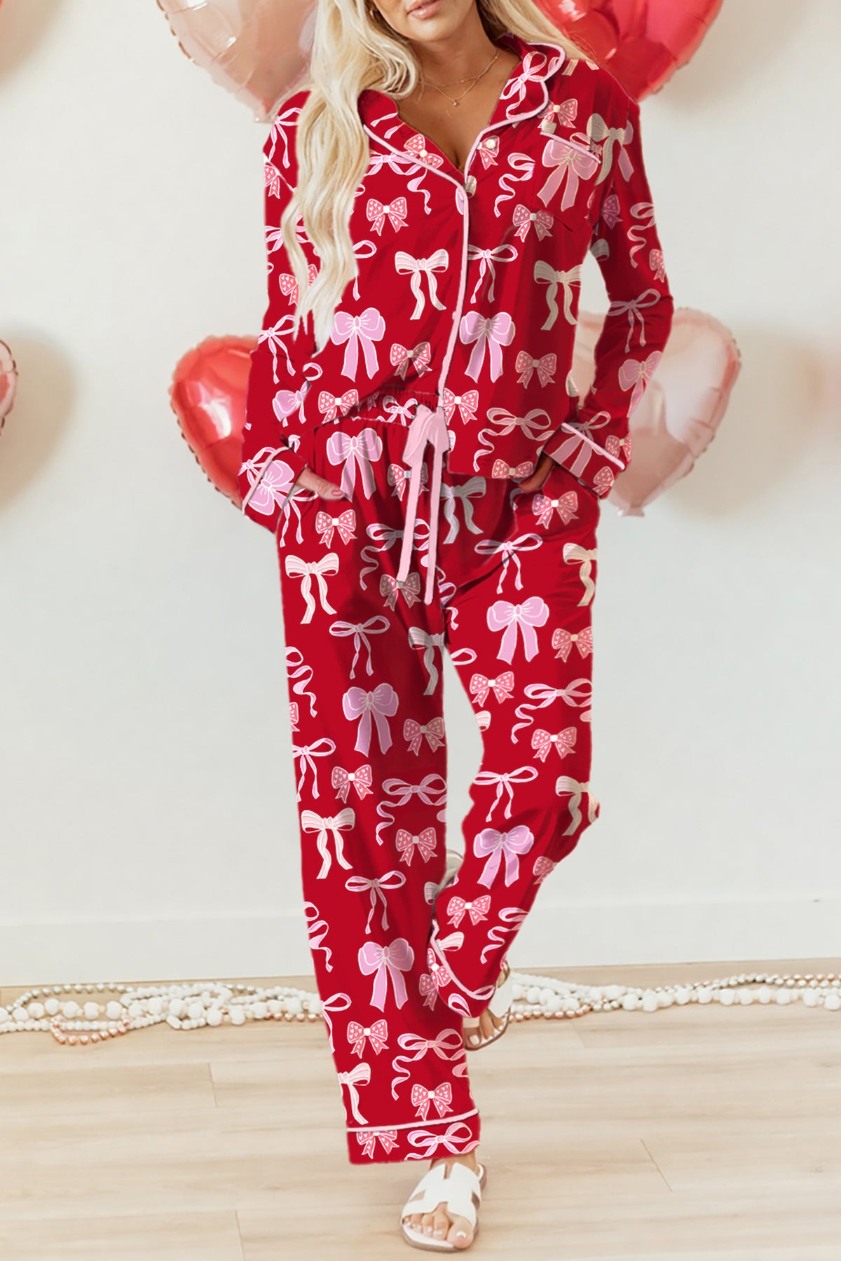 KaleaBoutique Comfortable Sweet Bow Print Shirt Style Top Long 2pcs Pajama Set - KaleaBoutique.com