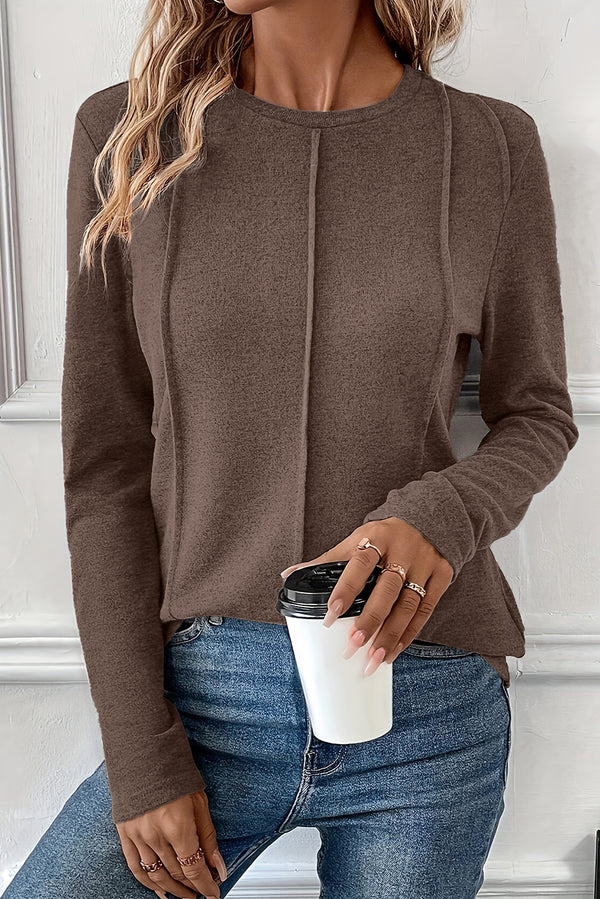KaleaBoutique Stylish Solid Exposed Seam Crew Neck Long Sleeve Top - KaleaBoutique.com