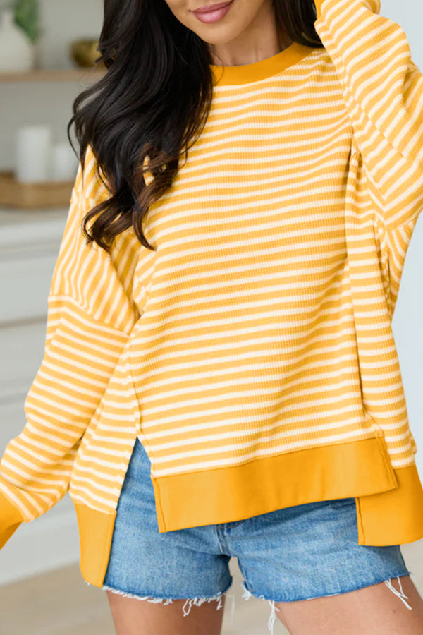 KaleaBoutique Stylish Textured Knit Color Block Trim Split Hem Long Sleeve Top - KaleaBoutique.com