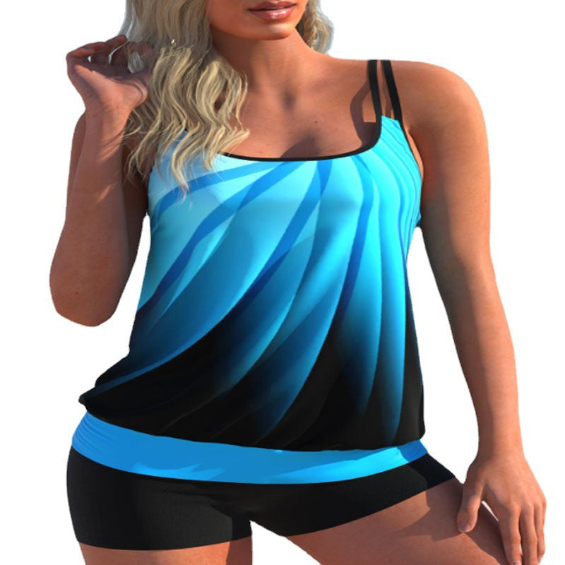 Women's Blue Abstract-Print Blouson Tankini Set with Swim Shorts - KaleaBoutique.com