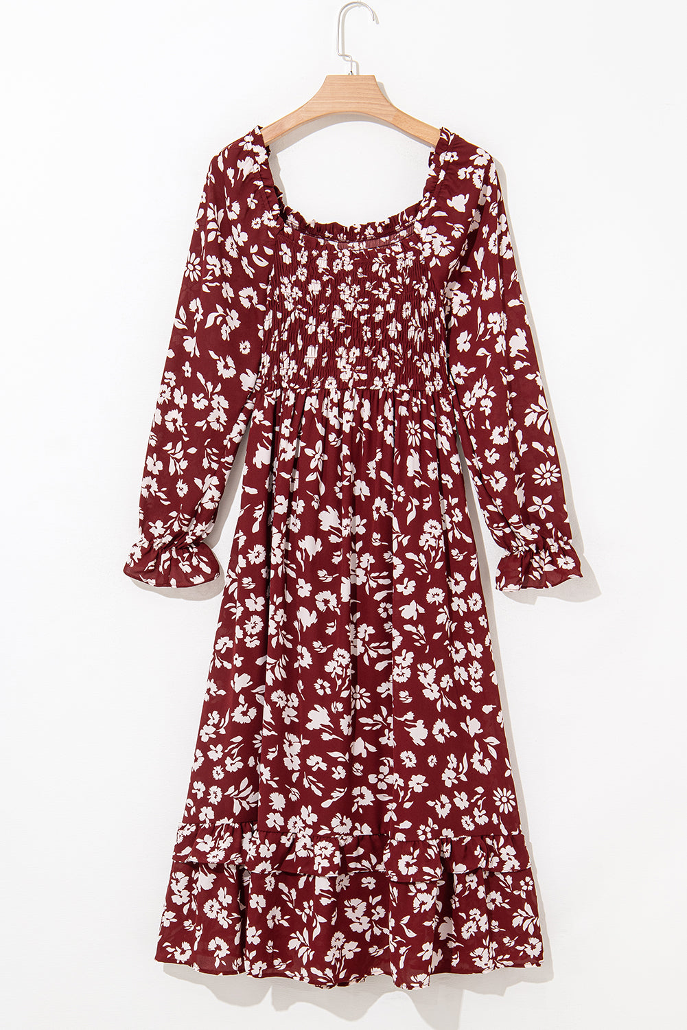 KaleaBoutique Comfortable Floral Print Long Sleeve Square Neck Smocked Maxi Dress - KaleaBoutique.com
