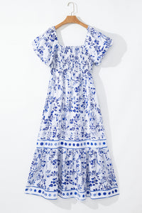 KaleaBoutique Stylish Floral Print Square Neck Bubble Sleeve High Waist Maxi Dress - KaleaBoutique.com