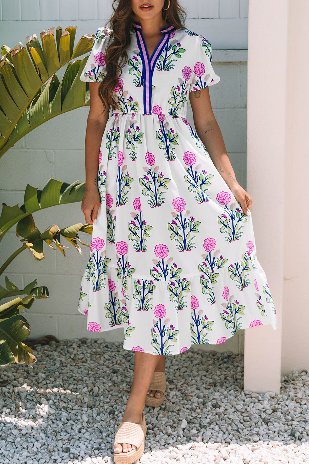 Floral Puff Short Sleeve V Neck High Waist Maxi Dress - KaleaBoutique.com