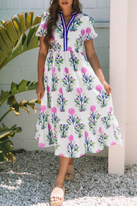 Floral Puff Short Sleeve V Neck High Waist Maxi Dress - KaleaBoutique.com