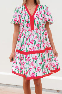 Floral Print Contrast Trim V Neck Bubble Short Sleeve Babydoll Dress - KaleaBoutique.com