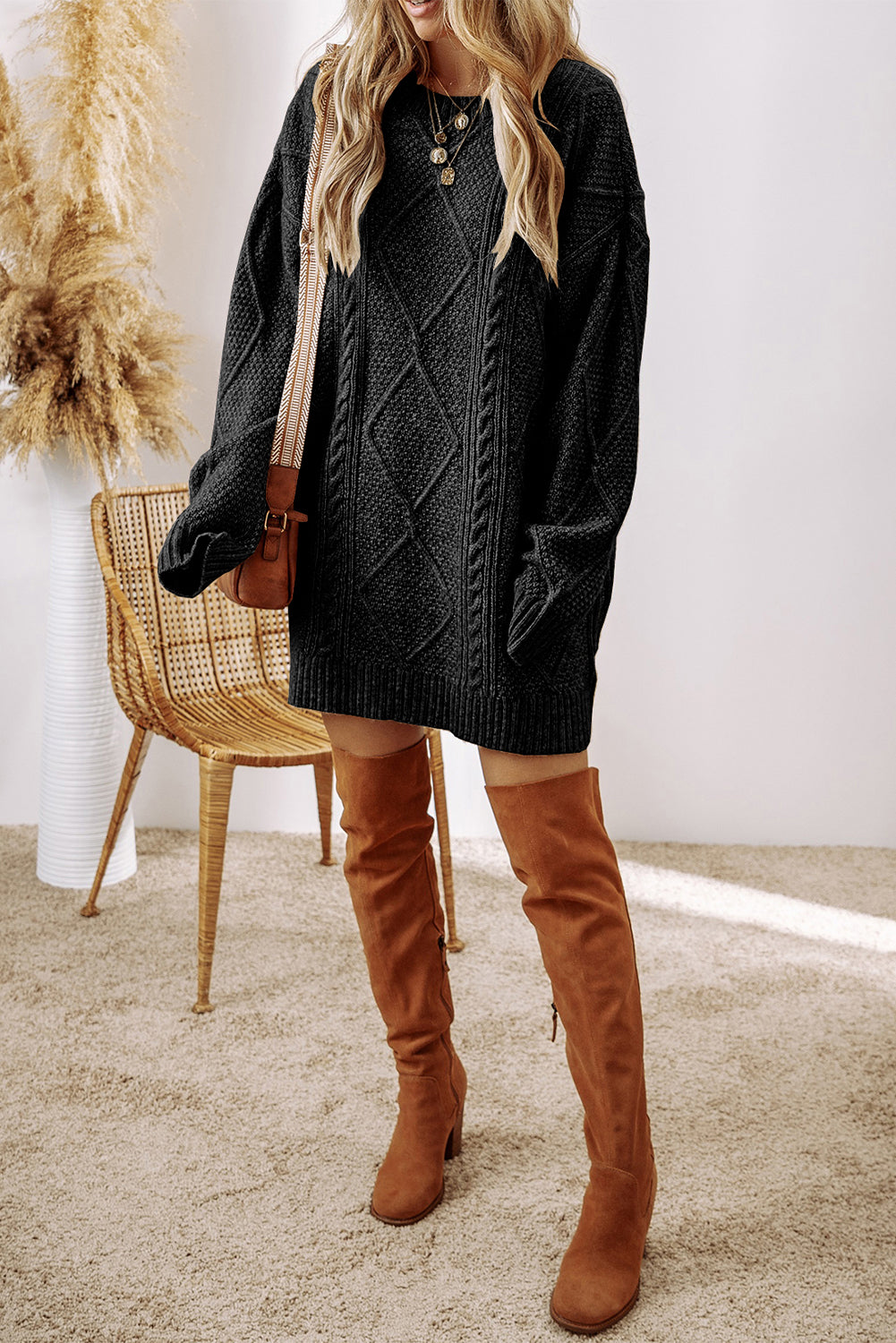KaleaBoutique Stylish Cable Knit Drop Shoulder Loose Fit Sweater Dress - KaleaBoutique.com