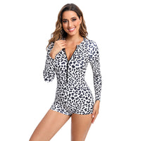 Women's Leopard Print Long-Sleeve Zip-Front One-Piece Swimsuit - KaleaBoutique.com