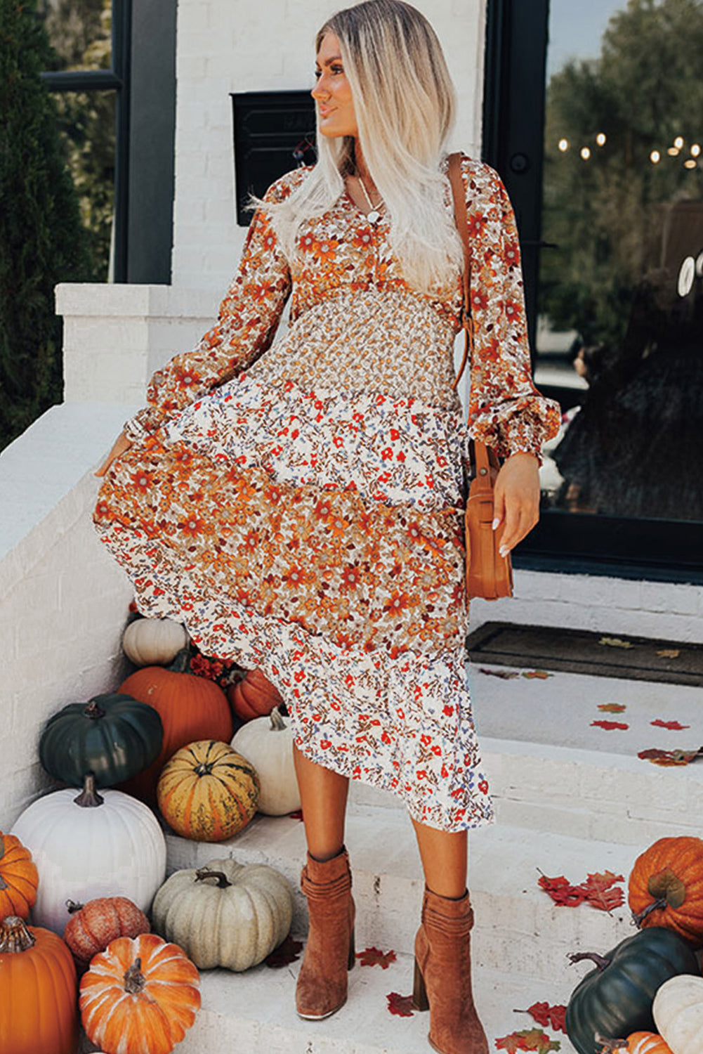 KaleaBoutique Stylish Floral Print Ruffled Tiered Long Sleeve V Neck Midi Dress - KaleaBoutique.com