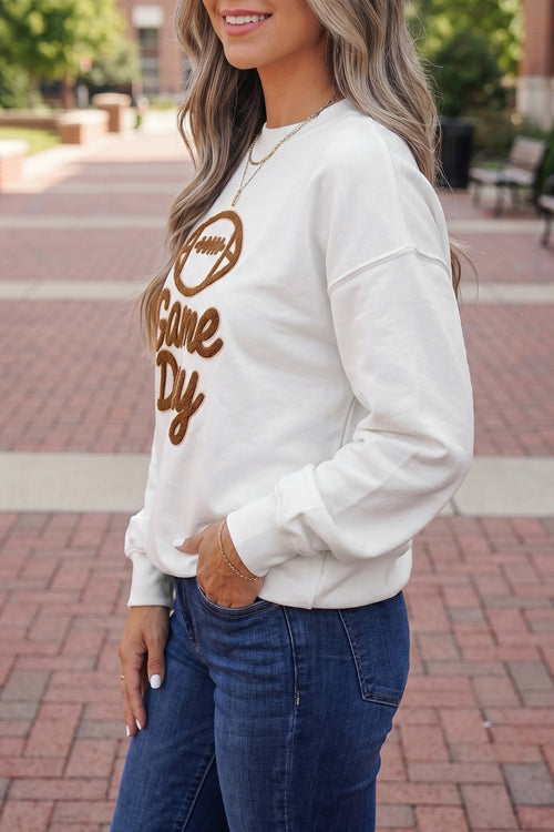 KaleaBoutique Stylish Embroidered Slogan Game Day Rugby Pattern Crewneck Sweatshirt - KaleaBoutique.com