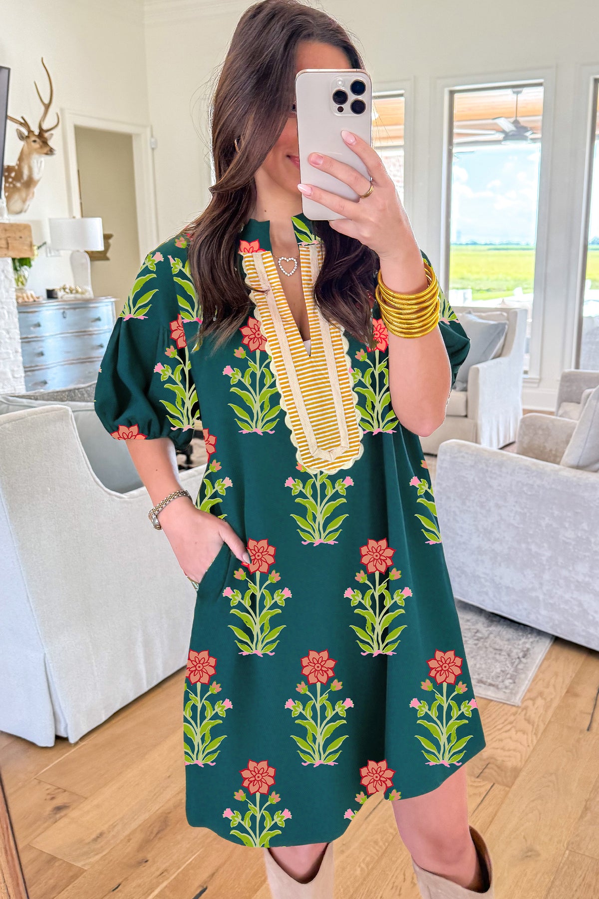 KaleaBoutique Comfortable Floral Print Contrast Trim Striped Patchwork Short Sleeve Dress - KaleaBoutique.com