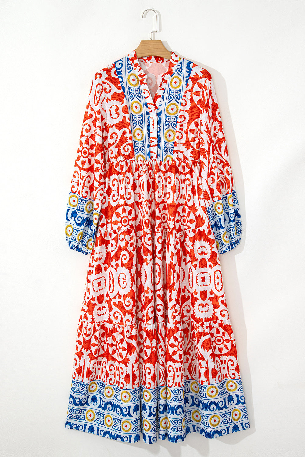 Boho Geometric Printed Long Sleeve Maxi Dress - KaleaBoutique.com