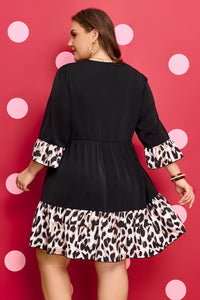 Black Plus Size Leopard Patchwork Ruffle Mini Dress - KaleaBoutique.com
