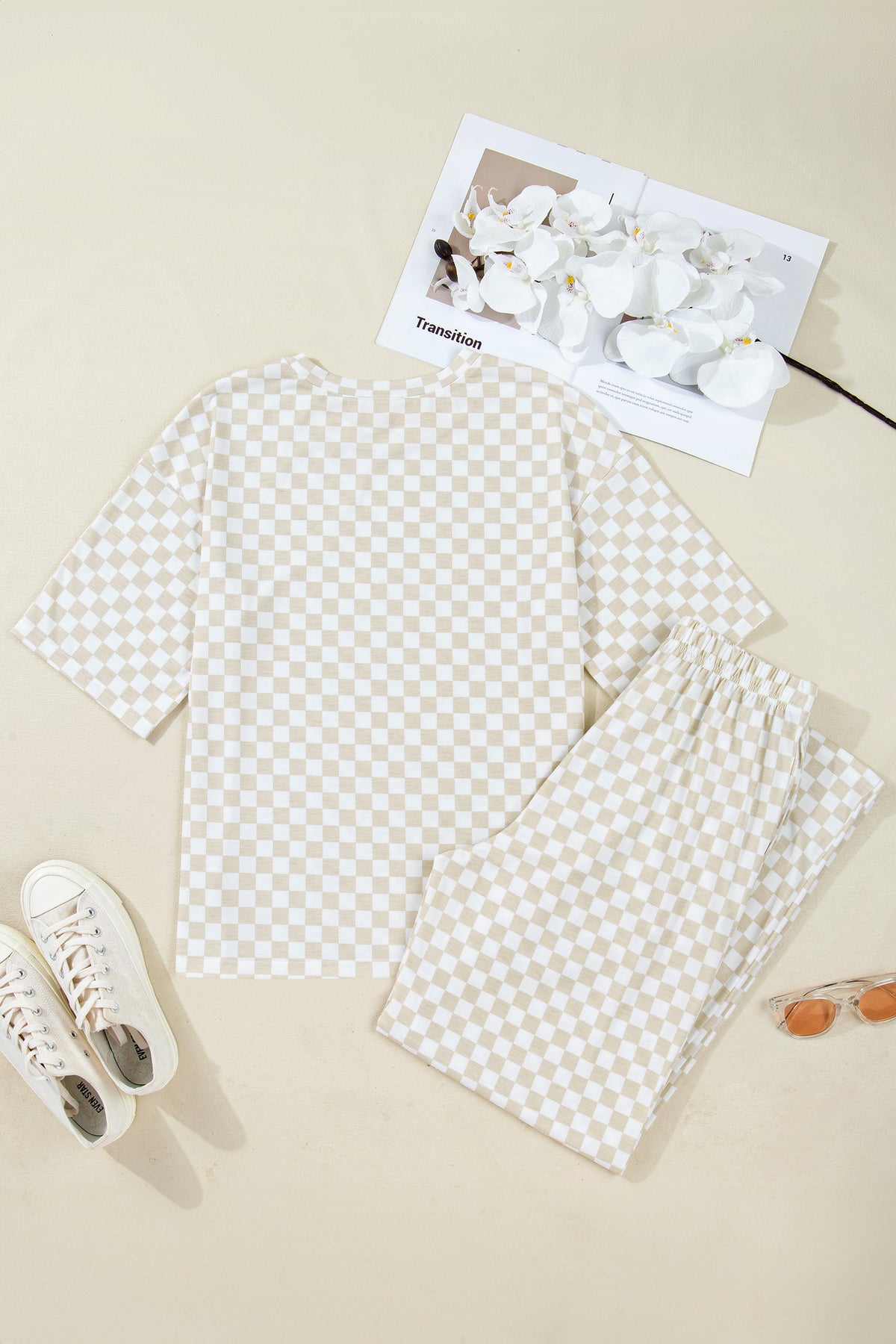 KaleaBoutique Comfortable Checkered Print Half Sleeve Tee 2pcs Lounge Pant Set - KaleaBoutique.com