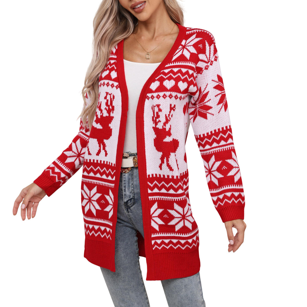 Women's Reindeer and Snowflake Longline Open-Front Cardigan - KaleaBoutique.com