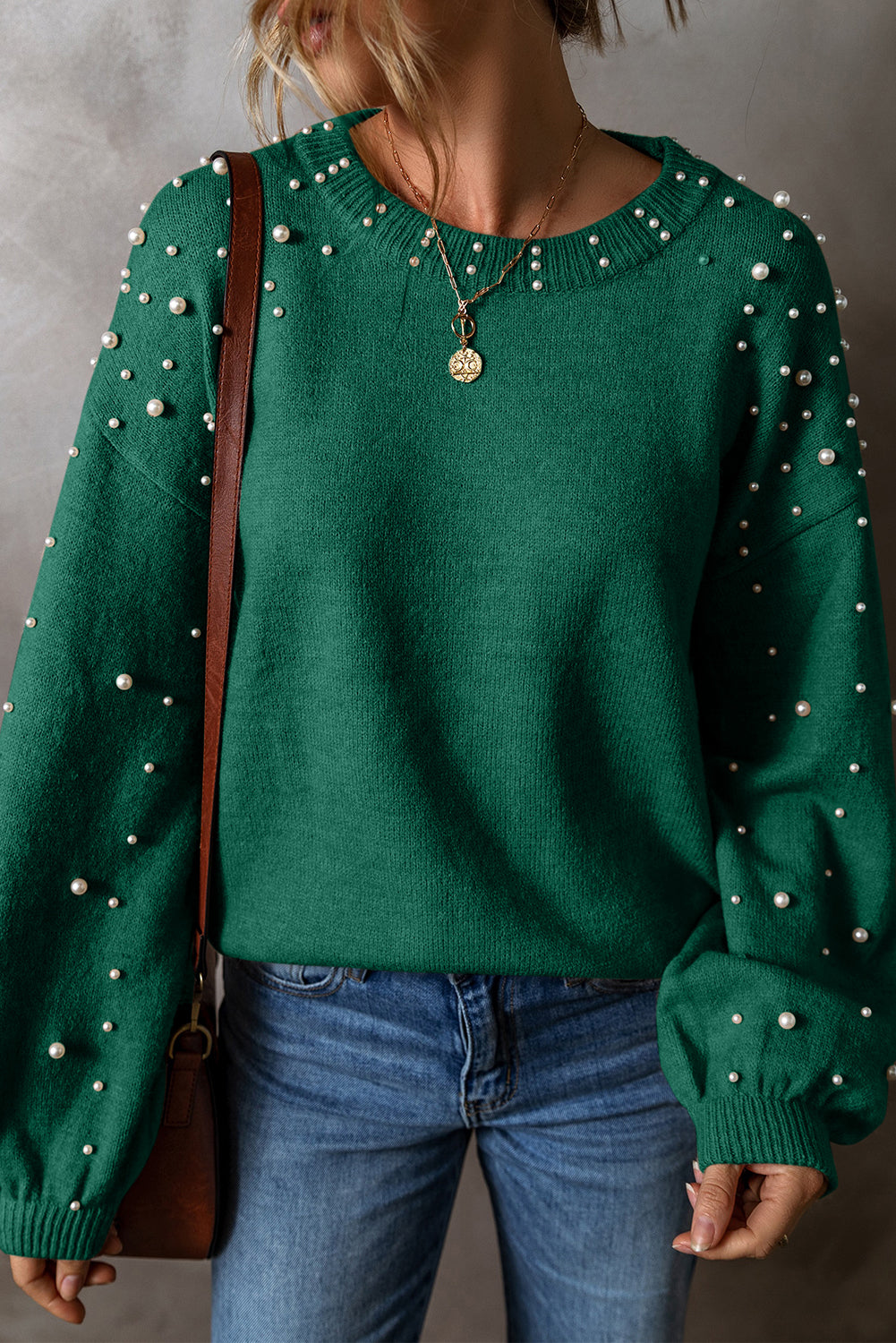 KaleaBoutique Pearled Drop Shoulder Round Neck Sweater - KaleaBoutique.com