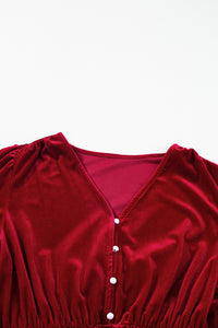KaleaBoutique Velvet Buttoned Puff Sleeve V Neck Split Midi Dress - KaleaBoutique.com