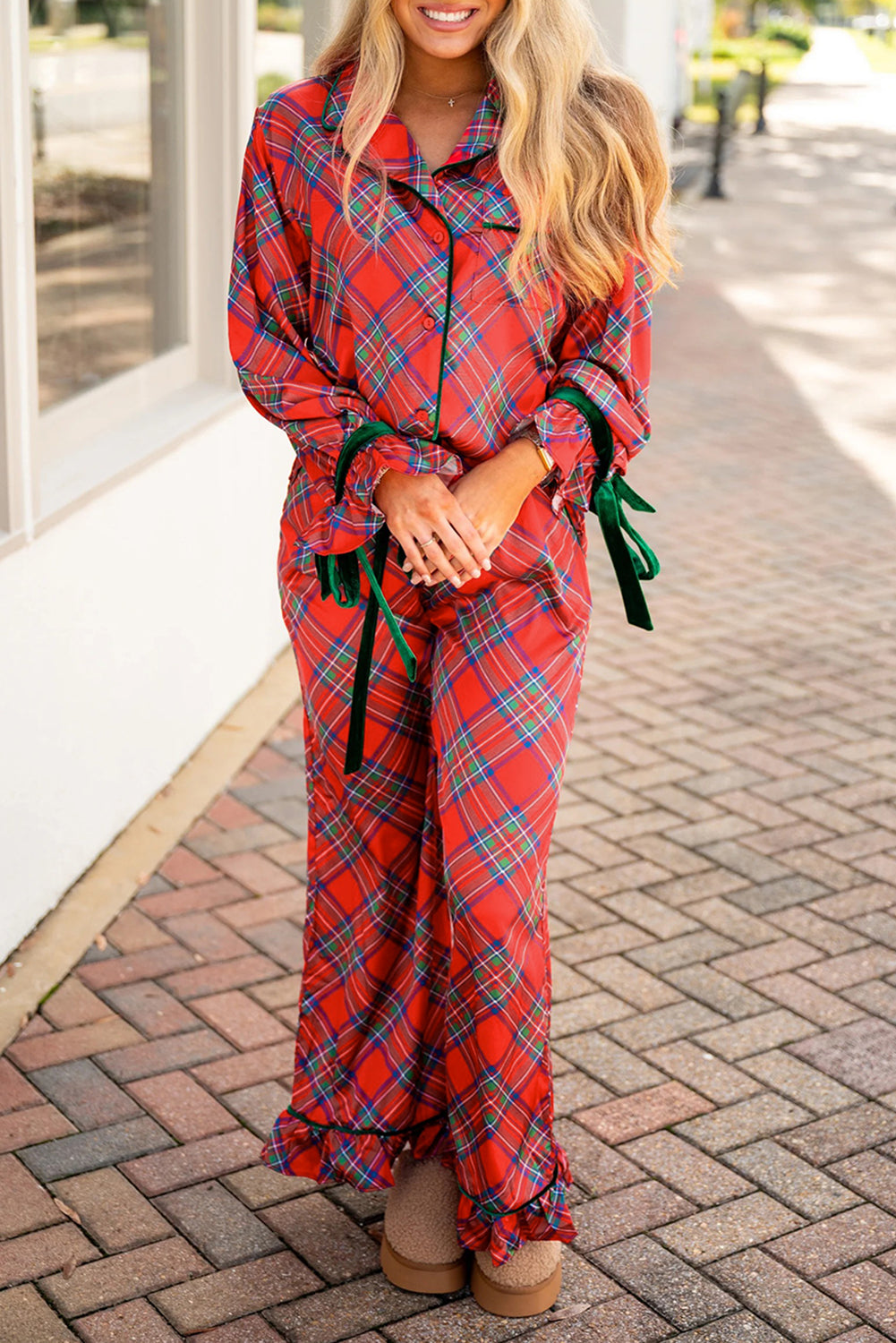 KaleaBoutique Comfortable Christmas Plaid Satin Pajama Set with Contrast Velvet Ties - KaleaBoutique.com