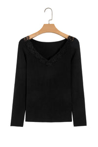 KaleaBoutique Stylish Beautiful Lace Trim Elegant Neckline Long Sleeve Slim Top - KaleaBoutique.com