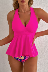 KaleaBoutique Stylish V Neck Ruffled Hem Floral Bottom Tankini 2 Piece Set - KaleaBoutique.com