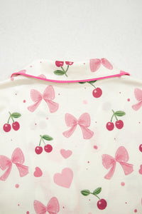 KaleaBoutique Comfortable Bow Fruit Print Contrast Pipping Short Pajamas Set - KaleaBoutique.com