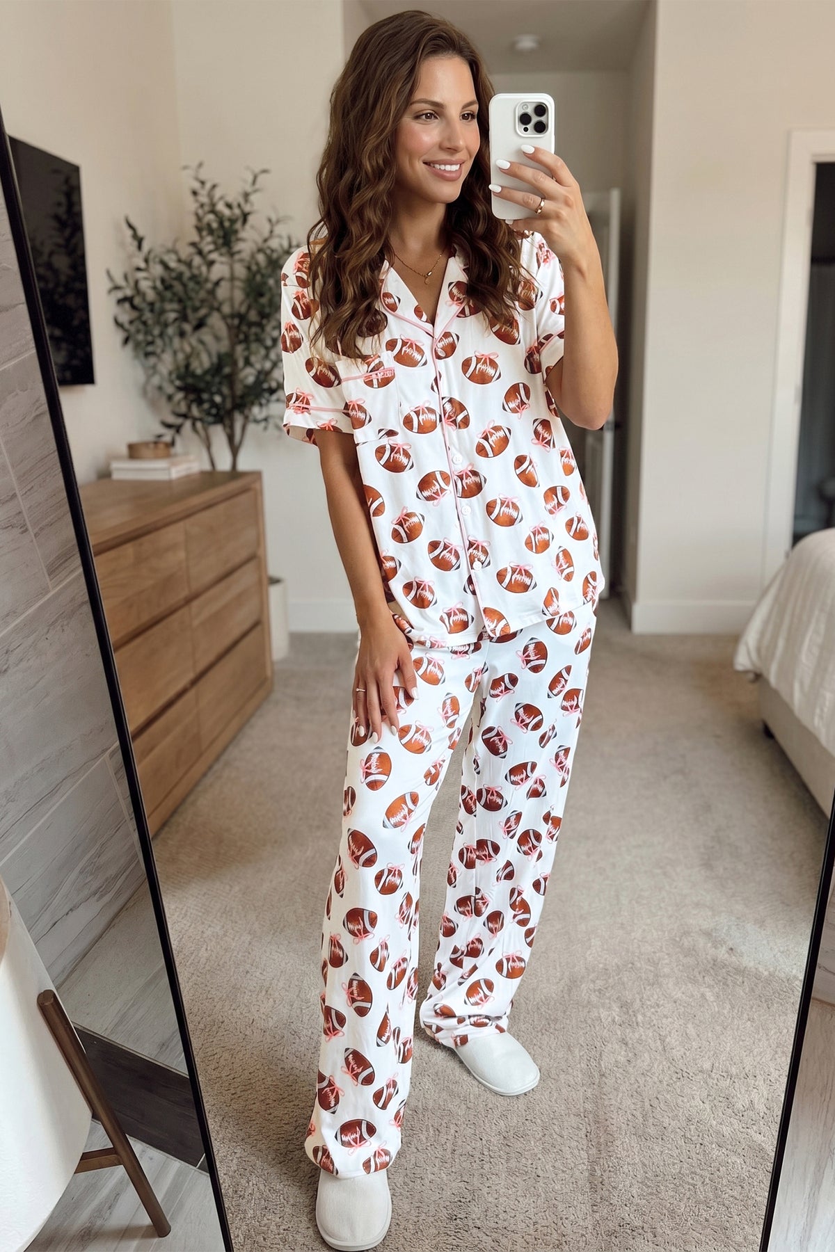 KaleaBoutique Comfortable Rugby Print Short Sleeve Button Down Top Loose Pants Game Day Pajama Set - KaleaBoutique.com