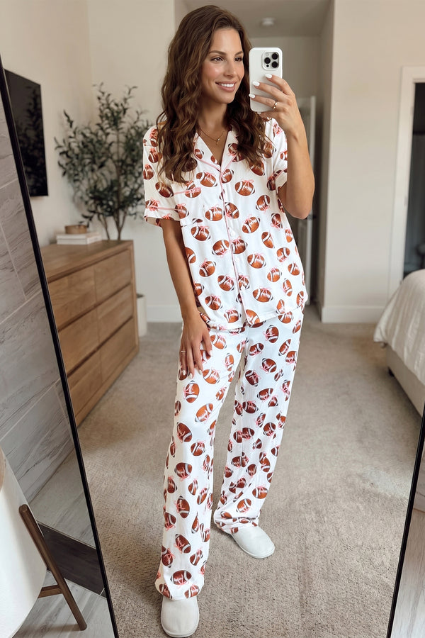 KaleaBoutique Comfortable Rugby Print Short Sleeve Button Down Top Loose Pants Game Day Pajama Set - KaleaBoutique.com