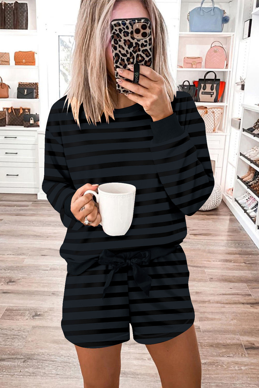 KaleaBoutique Stylish Printed Stripe Long Sleeve Satin Tie Shorts Two Piece Set - KaleaBoutique.com