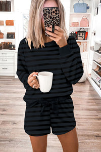 KaleaBoutique Stylish Printed Stripe Long Sleeve Satin Tie Shorts Two Piece Set - KaleaBoutique.com