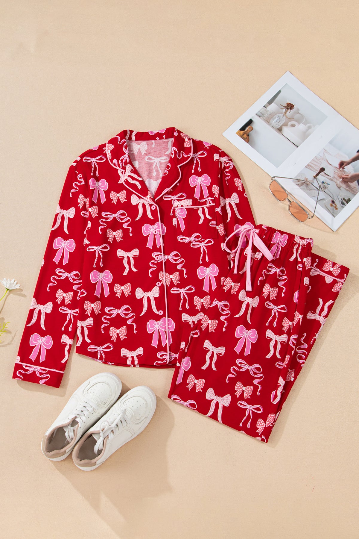 KaleaBoutique Comfortable Sweet Bow Print Shirt Style Top Long 2pcs Pajama Set - KaleaBoutique.com