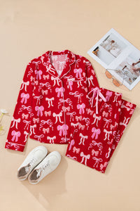 KaleaBoutique Comfortable Sweet Bow Print Shirt Style Top Long 2pcs Pajama Set - KaleaBoutique.com