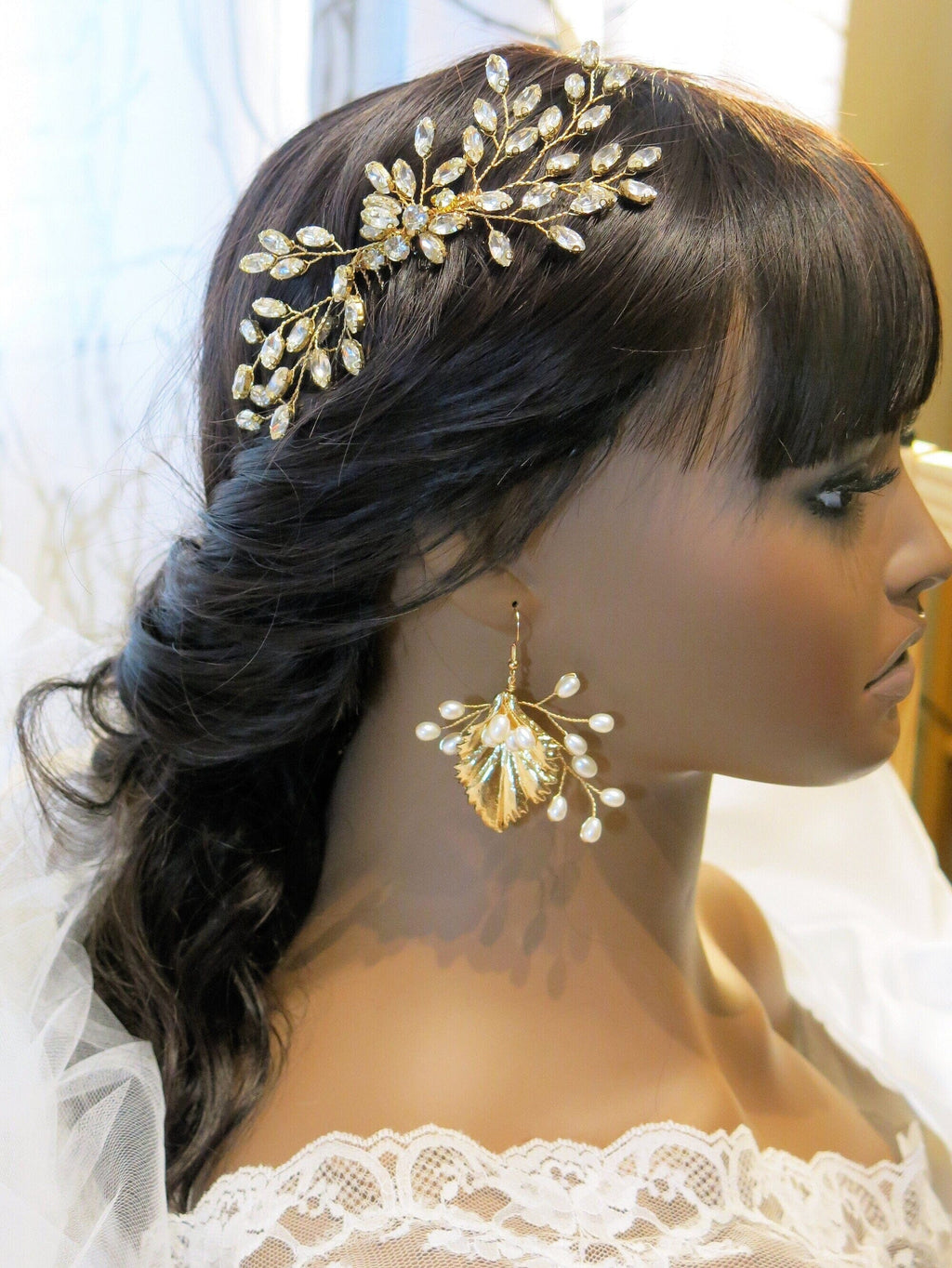 Embossed Metal Leaf Earrings, Bridesmaid Pearl Dangle Earrings, Wedding Bridal Earrings, Hand Wired Floral Leaf Tassel Earrings - KaleaBoutique.com
