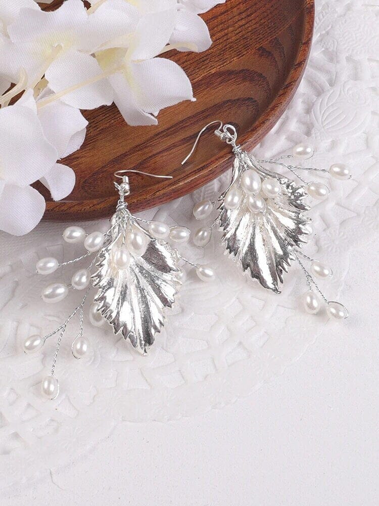 Embossed Metal Leaf Pearl Earrings, Bridesmaid Pearl Dangle Earrings, Wedding Bridal Leaf Earrings - KaleaBoutique.com