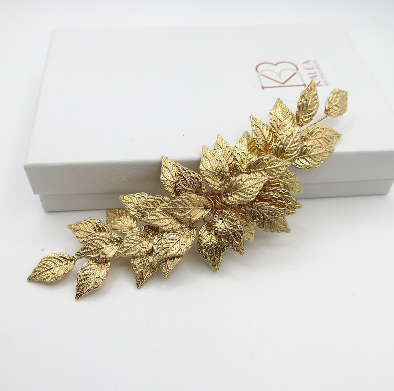 Embossed Metal Leaf Large Hairclip, Gold Leaf Bridal Alligator Hairclip, Leaf Cluster Wedding Headpiece - KaleaBoutique.com