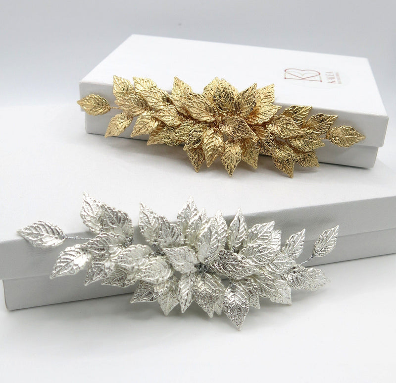 Embossed Metal Leaf Large Hairclip, Gold Leaf Bridal Alligator Hairclip, Leaf Cluster Wedding Headpiece - KaleaBoutique.com