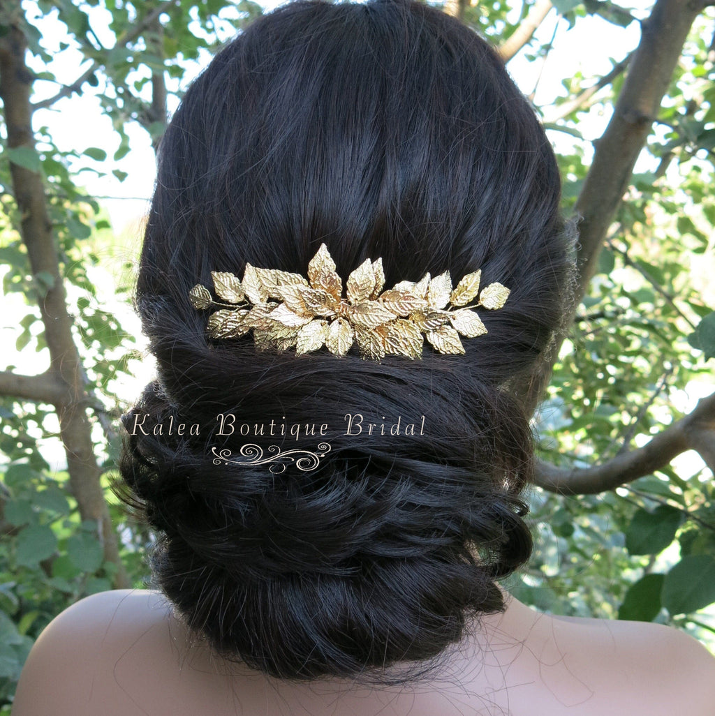 Embossed Metal Leaf Large Hairclip, Gold Leaf Bridal Alligator Hairclip, Leaf Cluster Wedding Headpiece - KaleaBoutique.com