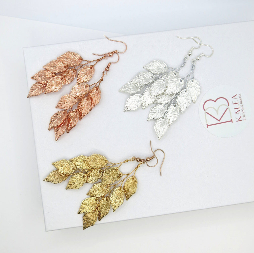 Embossed Metal Leaf Dangle Earrings, Bridal Leaf Fashion Earrings, Boho Wedding Gold Leaf Earrings - KaleaBoutique.com