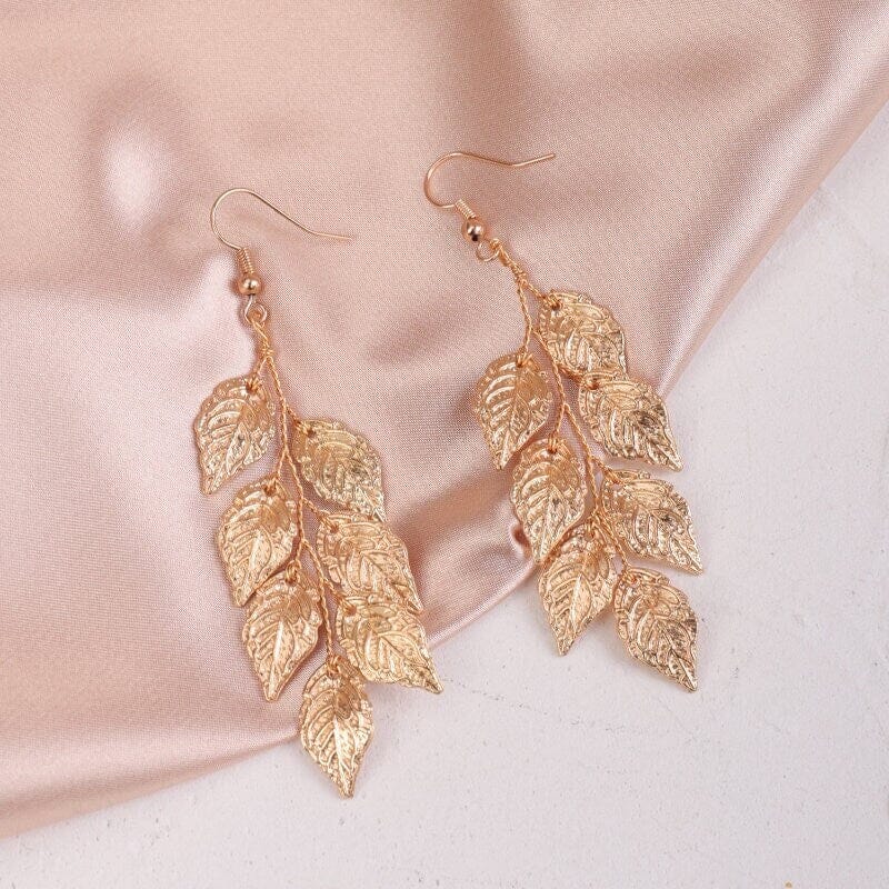 Embossed Metal Leaf Dangle Earrings, Bridal Leaf Fashion Earrings, Boho Wedding Gold Leaf Earrings - KaleaBoutique.com