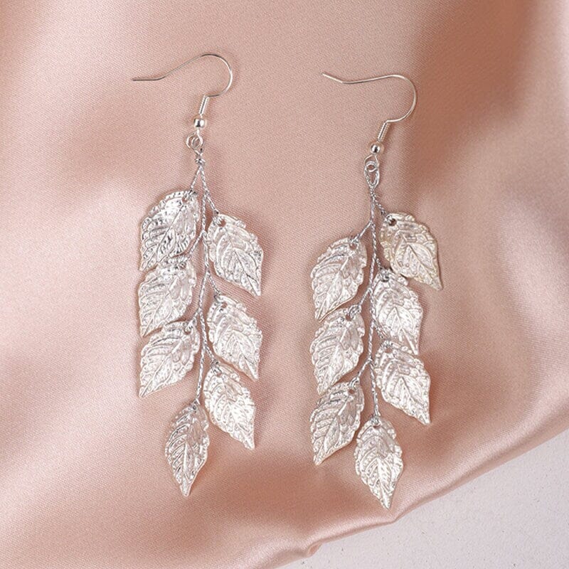 Embossed Metal Leaf Dangle Earrings, Bridal Leaf Fashion Earrings, Boho Wedding Gold Leaf Earrings - KaleaBoutique.com