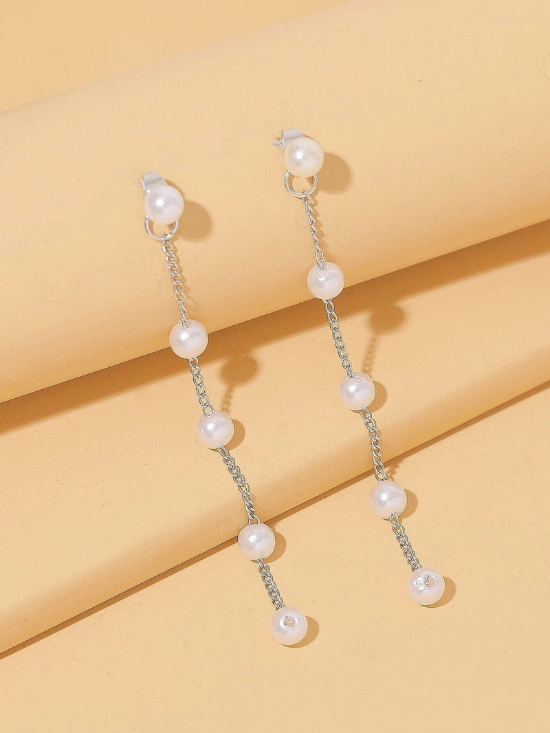 Extra Long 2-in-1 Pearl Earrings, Chain Ear Jackets Bridal Earrings, Long Chain Pear Ear Studs for Weddings, Prom - KaleaBoutique.com