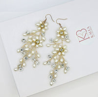 Extra Long Floral Pearl Earrings, Bridal Large Dangle Earrings, Wedding Pearl Flower Big Dangle Earrings - KaleaBoutique.com