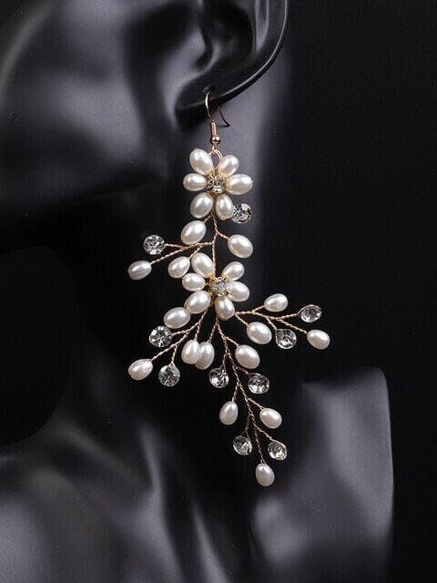 Extra Long Floral Pearl Earrings, Bridal Large Dangle Earrings, Wedding Pearl Flower Big Dangle Earrings - KaleaBoutique.com
