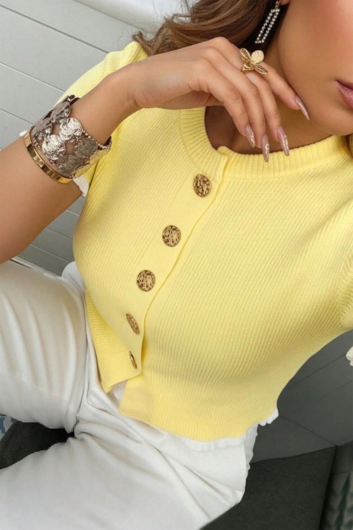 KaleaBoutique Stylish Ribbed Knit Contrast Frilled Short Sleeve Sweater Cardigan - KaleaBoutique.com