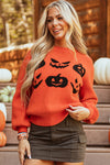 KaleaBoutique Halloween Pumpkin Face Pattern Drop Shoulder Sweater - KaleaBoutique.com